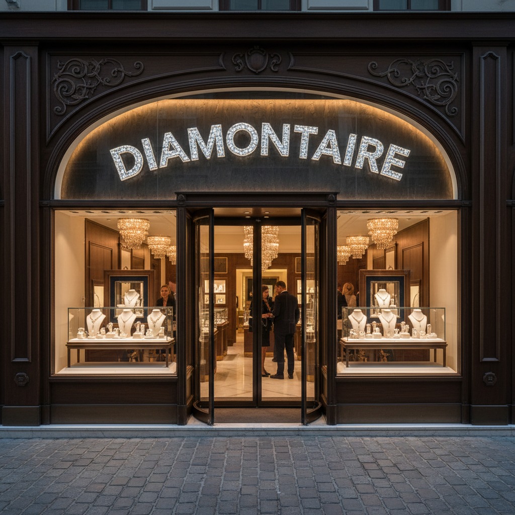 The storefront of a luxury jewelry shop named Diamontaire features an arched entrance, crystal chandeliers, and displays of necklaces in the windows.
