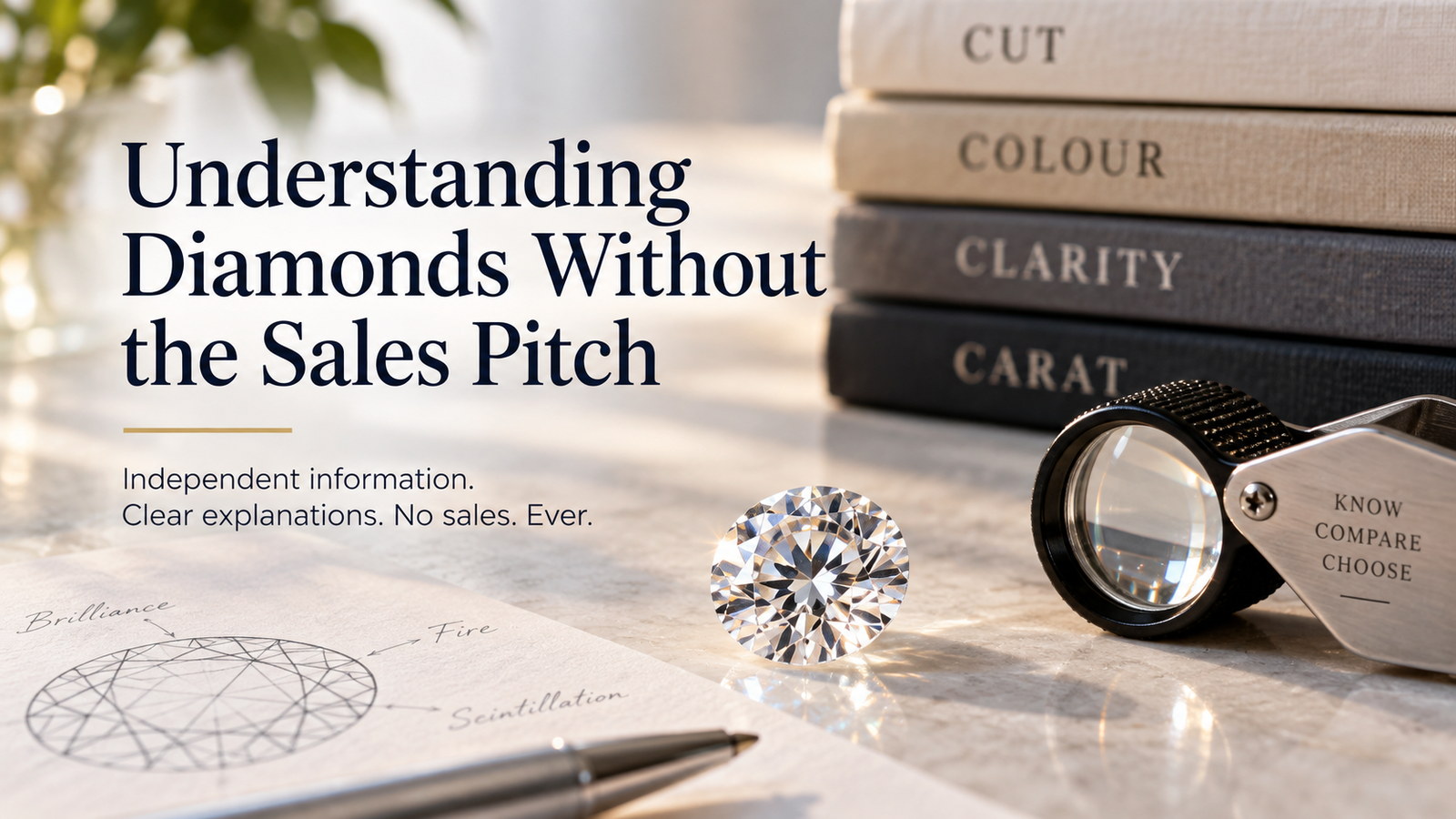 A loupe, a stack of books labelled cut, colour, clarity and carat, and a round brilliant diamond on a desk